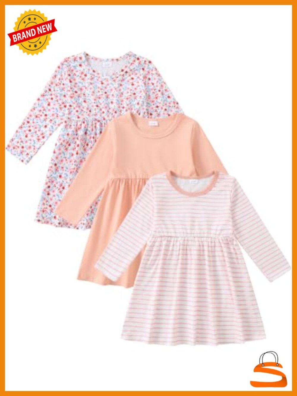 Girls Long Sleeve Dresses 3 Pack Toddler A-Line Crew Neck Cotton Blend